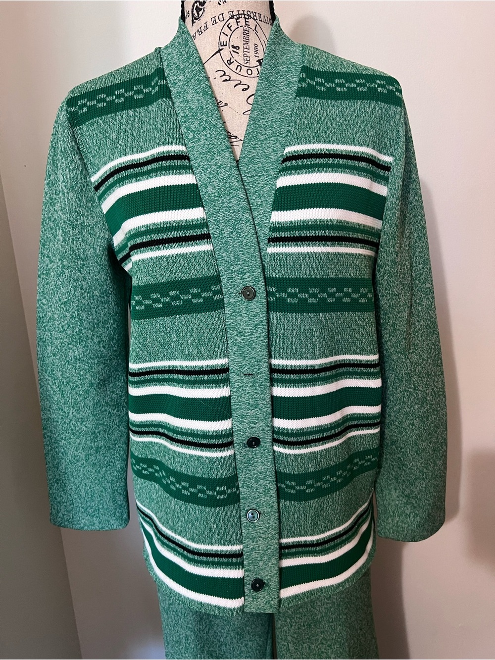 VTG 70s Miss Pernilla Green Knit Cardigan Pants Set 2pc Sporty Stripe 14 - Picture 2 of 14